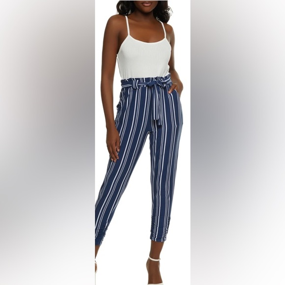 (A5) Jolie & Joy Striped Paper Bag Waist Jumpsuit - Navy, Size XL, NWT - Picture 4 of 10